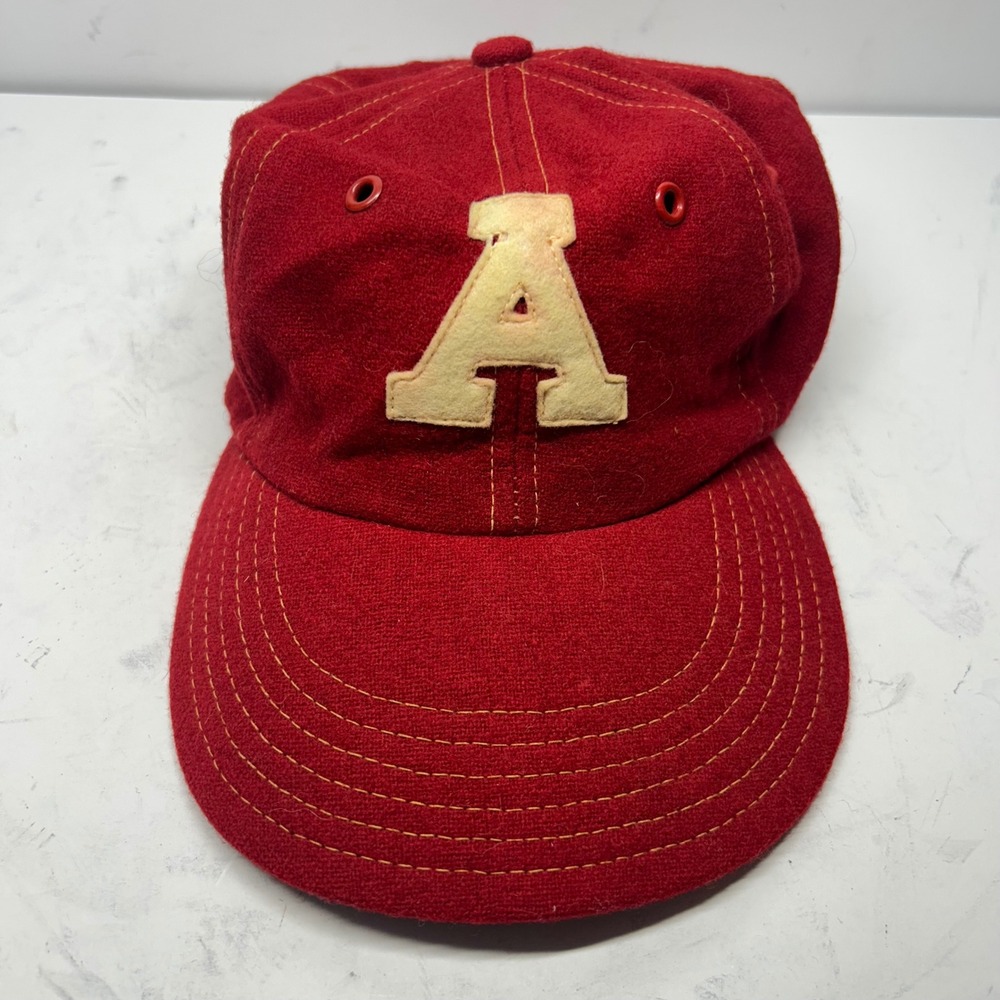 Vintage Red Wool Baseball Cap Hat Red Medium Felt A Patch Green Underbrim 1217